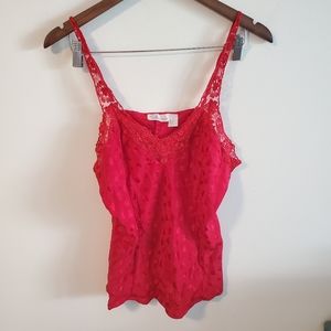 100% Silk red heart print floral lace blouse Silkscreen 1X romantic flirty